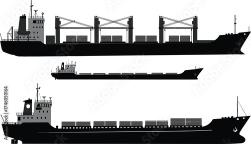 Cargo ship silhouettes with containers, cranes, superstructure, marine transport, shipping vessels, ocean freight, maritime logistics, black outline, isolated white background illustration