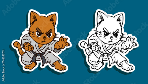 Karate cat fighting stance ready to punch Cartoon Illustration