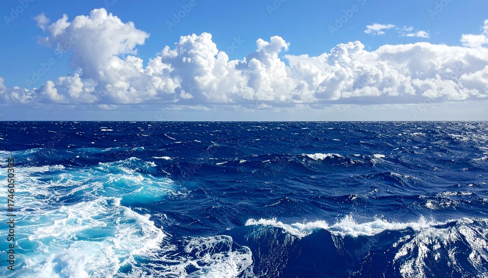 Fototapeta premium Vast expanse of the deep blue ocean under a cloudy sky.