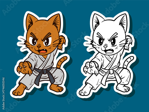 Karate cat defensive guard shouting kiai Cartoon Illustration