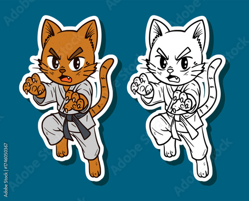 Karate cat forward lunge punch action Cartoon Illustration