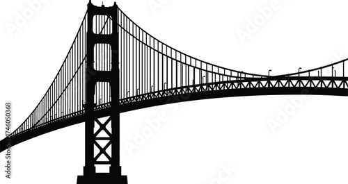 Suspension bridge silhouette with towers, cables, roadway, Golden Gate style, San Francisco landmark, architectural design, civil engineering, black outline, white background illustration