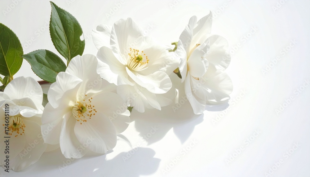 Obraz premium Delicate White Roses with Green Leaves on a White Background.