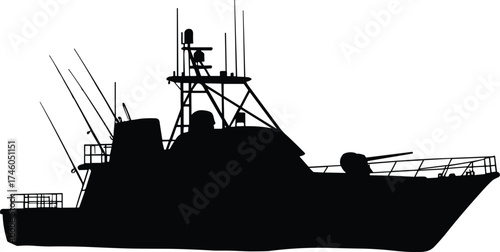 Silhouette fishing boat with antennas, radar equipment, fishing rods, patrol vessel at sea, maritime transport, nautical design, ocean horizon background