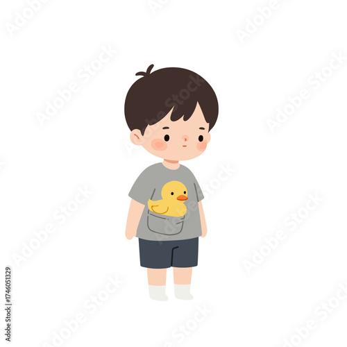 A cute illustration of a boy with a duck in his pocket, conveying innocence and playfulness.