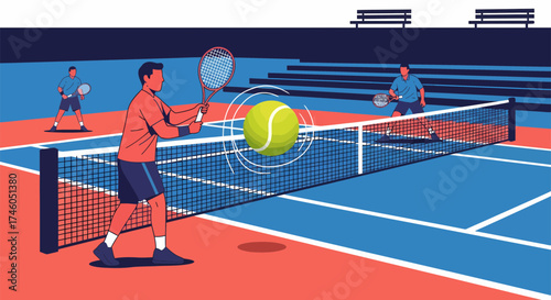 Tennis players on a court with a ball in motion and benches in the background.