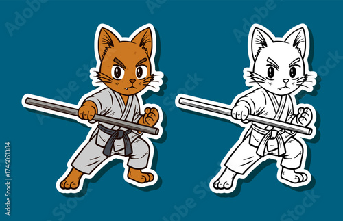 Karate Cat Delivering a Bo Staff Strike in a Wide Stance Cartoon Illustration