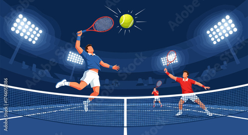 Dynamic Tennis Match Depicted with Players Ball and Stadium Lighting 1.