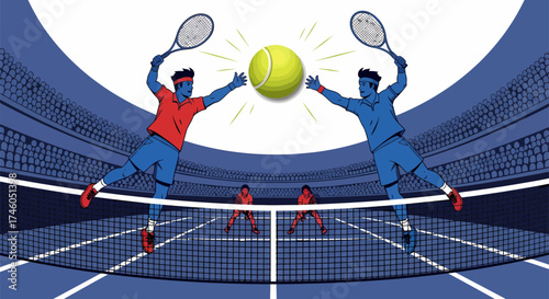 Dynamic Tennis Match Depicted with Players Ball and Stadium in Vibrant Colors 1.