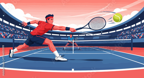 Dynamic Tennis Match Illustration Player Hitting Ball in Stadium.