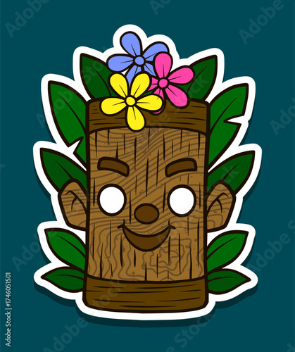Cheerful tiki totem face with colorful flowers and leaves Sticker Illustration
