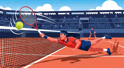 Dynamic Tennis Player Diving to Return a Ball During a Match.