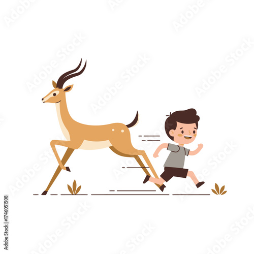 A boy running alongside a gazelle in a playful, animated style.