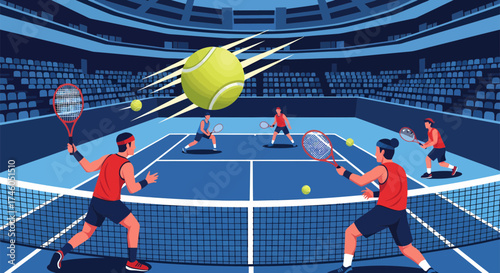 Dynamic Tennis Match Illustration with Players Balls and Court Perspective.