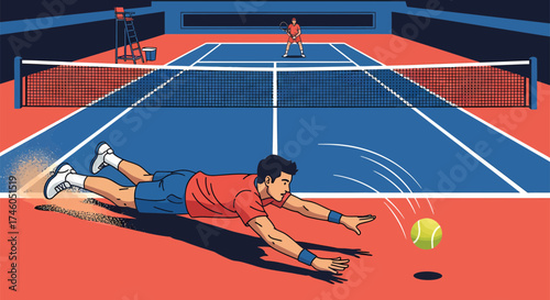 Illustrated Tennis Player Diving for Ball on Court with Opponent in Background.