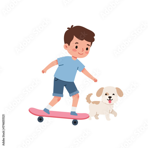 A boy skateboards while walking a playful dog, showcasing a fun outdoor activity.