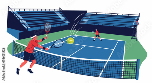 Tennis Match Illustration with Players Ball Net Court and Stadium Seating.