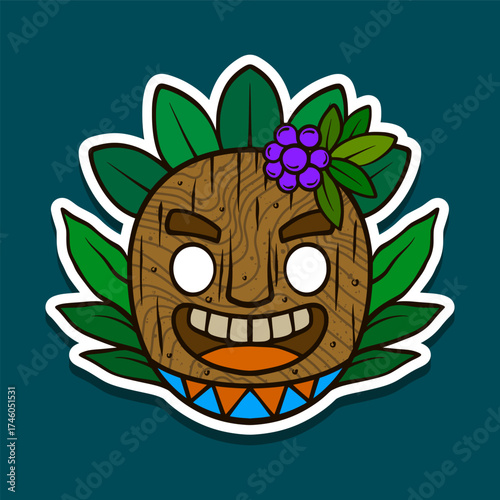 Round tiki mask with side flower and leaf wreath Sticker Illustration