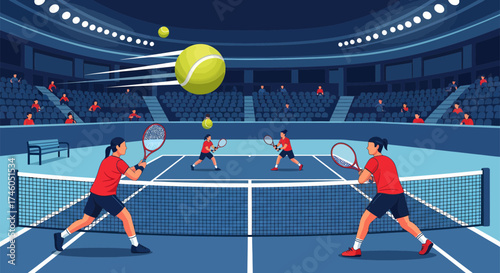 Tennis Match Illustration Players Balls and Stadium in Action.