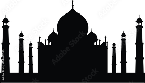 Taj Mahal silhouette, black monument illustration, Mughal architecture, Indian heritage, Agra landmark, Islamic art, cultural tourism, world wonder, romantic mausoleum, symmetry