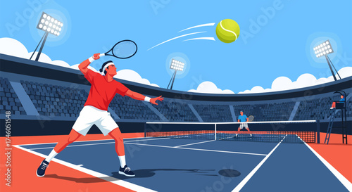 Tennis player hitting a ball on a court during a match.