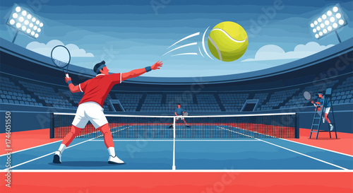 Tennis player serving with speed lines on a stadium court with umpire.