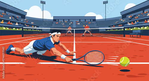 Tennis player diving on clay court with racket and ball in stadium.