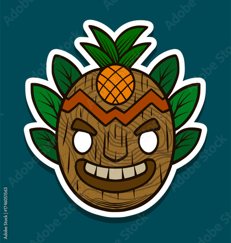 Tiki mask with pineapple top and orange zigzag pattern Sticker Illustration