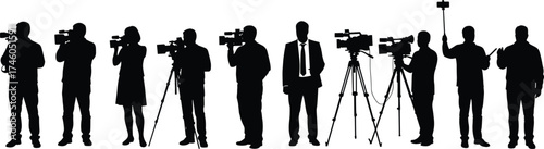 Silhouette of cameramen recording with video cameras on tripods, journalists and media professionals filming news and events on white background