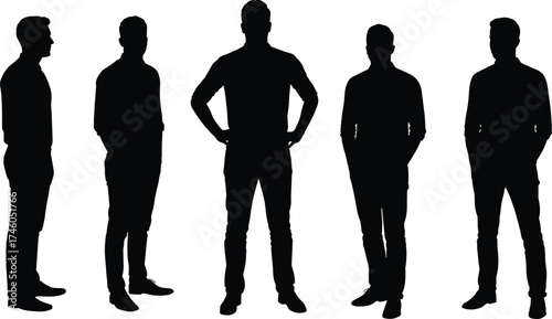 Silhouette of standing men in different poses, full body view on white background, teamwork concept, leadership and individuality representation