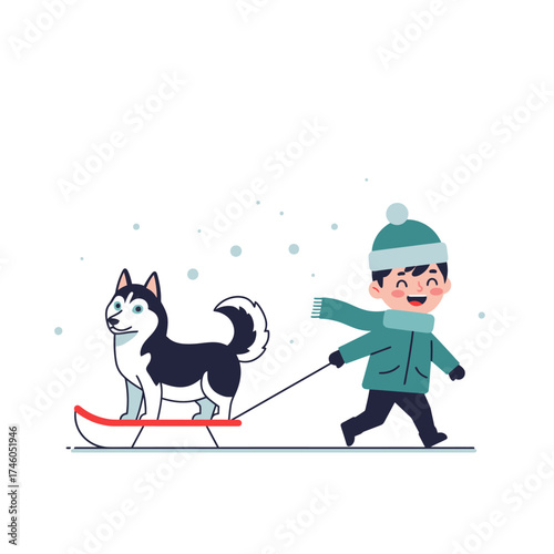 A child happily pulls a sled with a husky dog in a snowy setting.