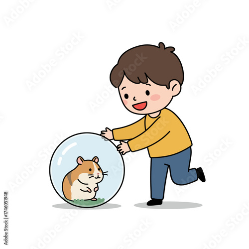 A cheerful child plays with a hamster in a transparent ball.