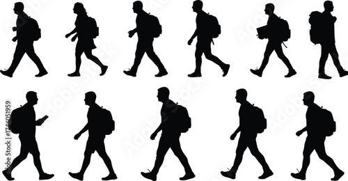Walking people silhouettes with backpacks, students and travelers, outdoor activity vector illustration, silhouette design, motion pose art.