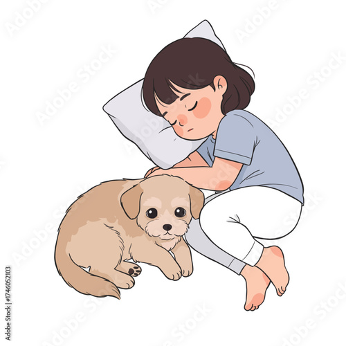 A girl peacefully sleeping beside a puppy on a pillow.