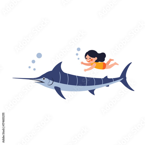 A child swims alongside a marlin, creating a playful underwater scene.