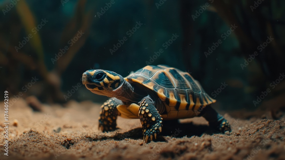 Obraz premium Yellow-spotted tortoise walking on sand, aquatic plants background, nature documentary