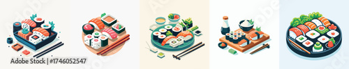 Isometric Sushi Set Vector Illustration Delicious Japanese Food with Nigiri, Maki, Rolls, Soy Sauce, and Chopsticks Modern Restaurant Menu Design