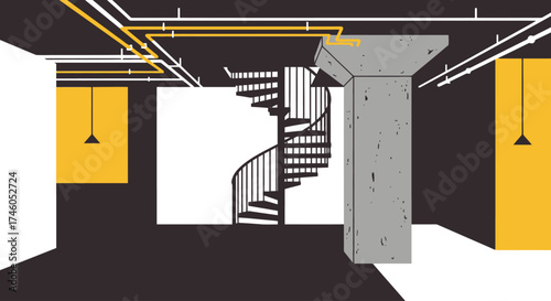 Minimalist Stairwell Illustration with Industrial Elements