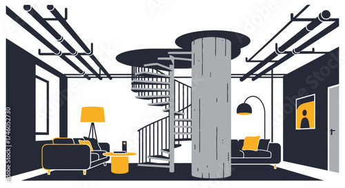 Minimalist Interior with Spiral Staircase and Yellow Accents