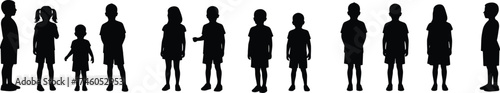 Silhouette of children standing together in line, kid vector illustration, childhood group concept, teamwork, friendship, unity, education, black design