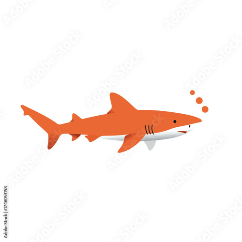 An illustration of an orange shark swimming with bubbles.