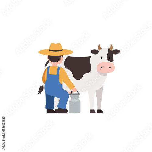 A farmer in overalls milking a cow into a metal bucket.