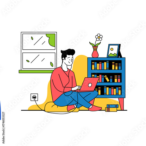 Cheerful Man Using Laptop Next to a Woman in Living Room With Minimalist Furnishings And Bookcase Illustration Style Vector Design Illustration