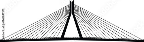 Modern cable stayed bridge silhouette vector illustration, architectural structure, urban infrastructure design, transportation engineering concept, minimal black and white art