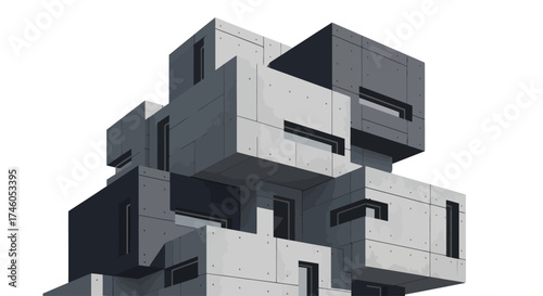 Modern Concrete Cube Architecture on White Background