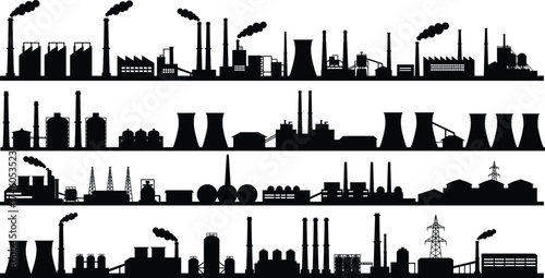 Industrial factory silhouette set with smoke stacks, energy power plant buildings, refinery production, manufacturing zone, and heavy industry illustration