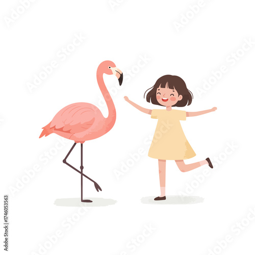 A cheerful girl in a yellow dress plays joyfully with a pink flamingo.