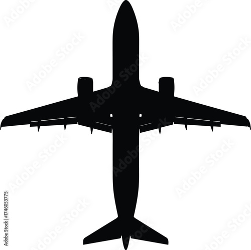 Airplane silhouette isolated on white background, commercial jet aircraft top view, aviation concept design for travel, flight, transportation industry illustration