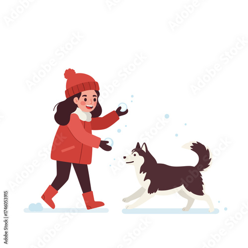 A girl in a red coat plays with a husky dog in the snow, enjoying a winter day.