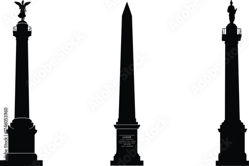 Famous historical monuments and obelisks silhouette isolated on white background, architectural landmarks illustration for travel, history, culture, and tourism design
